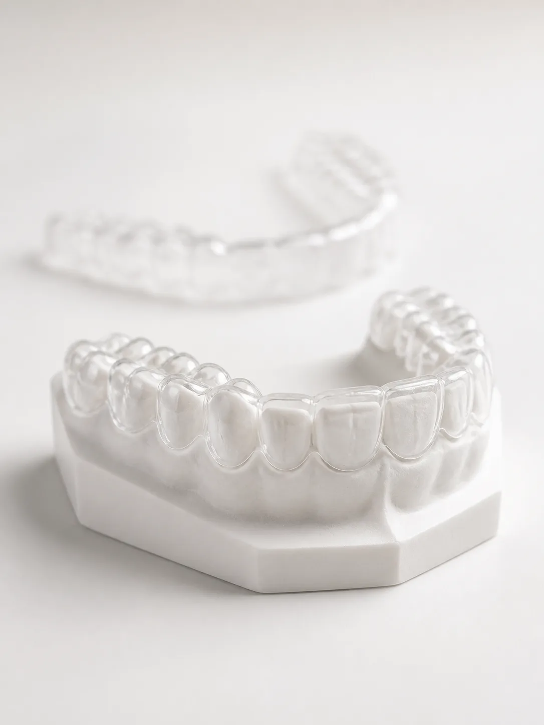 Transparent gefertigter Aligner auf einem weißen Gebissmodell