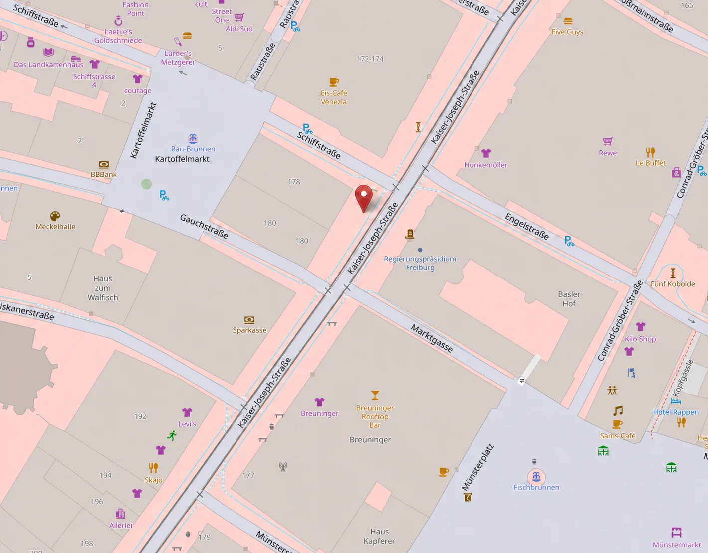 Karte mit der Lage der Praxis in der Kaiser-Joseph-Straße 178 in Freiburg